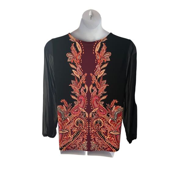 JM COLLECTION, SIZE XL, TUNIC, BLACK, GRAPHIC, SHEER SLEEVES - Picture 2 of 7